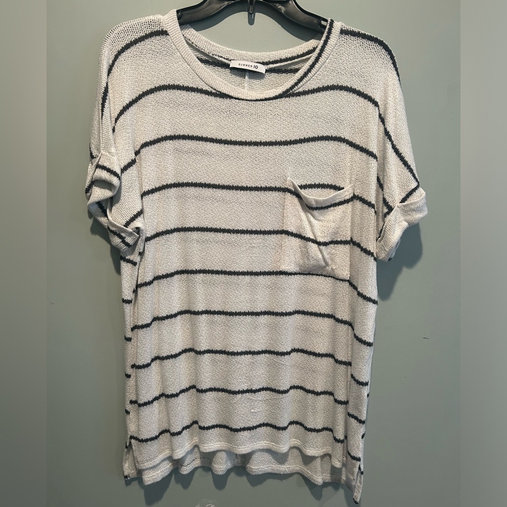 Summer 10 Stripe Round Neck S/S Folded Slv Top W/Front Pocket Ivory Size Medium